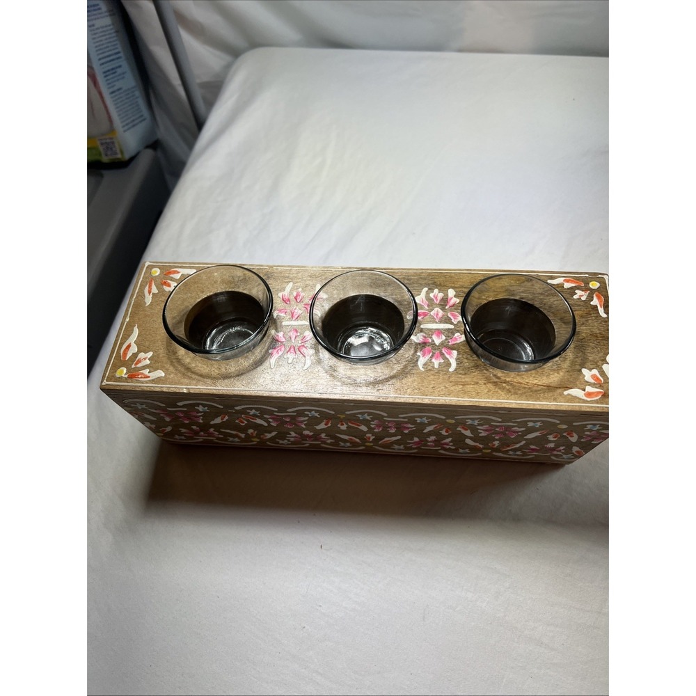 Floral Triple Tea Lite Candleholder Wooden Jaipur in Bloom Hand Painted - Picture 2 of 5